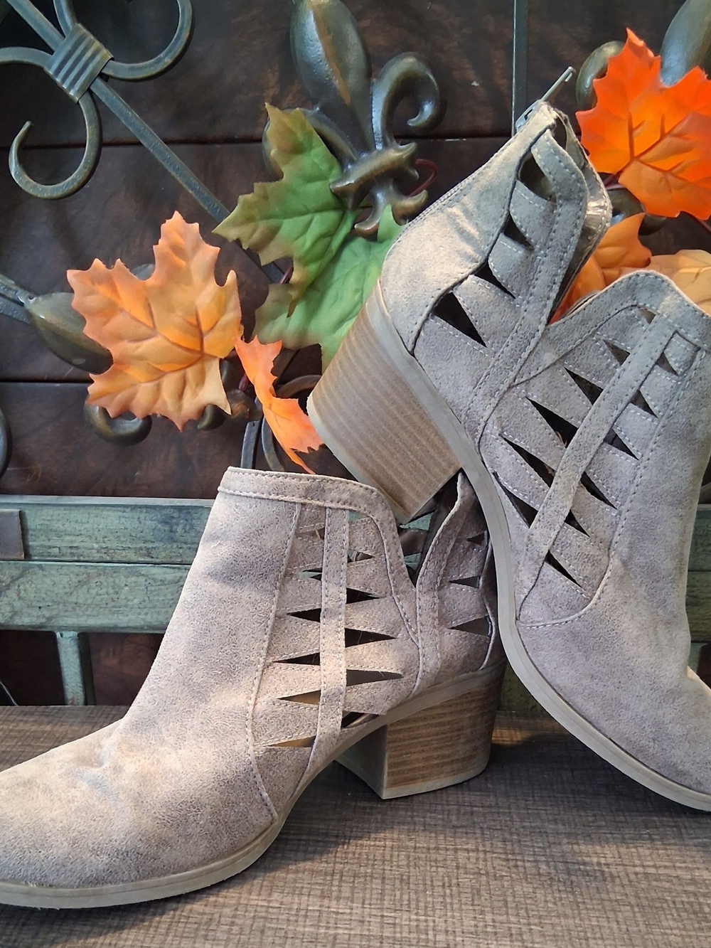 Women"s Suede Cutout Ankle Booties in Taupe